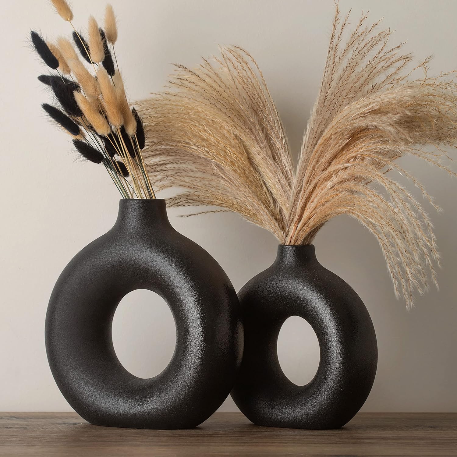 Black Vase with Pampas Grass